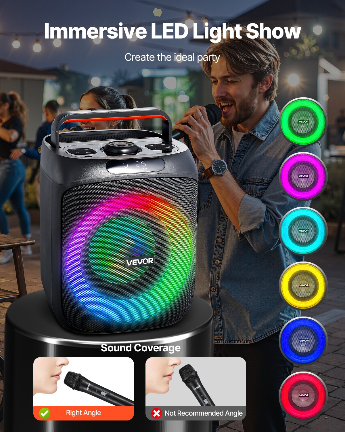 Start2Finish VEVOR karaoke machine for adults with 30W Bluetooth speaker, LED lights, wireless mics, TWS, and multiple playback options.