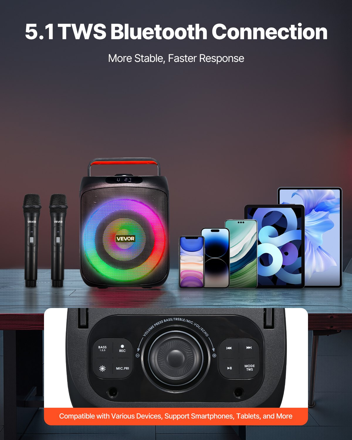 Start2Finish VEVOR karaoke machine for adults with 30W Bluetooth speaker, LED lights, 2 wireless mics, handle, and multimedia support.
