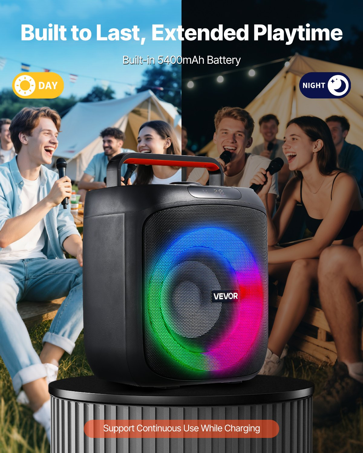 Start2Finish VEVOR karaoke machine for adults with Bluetooth speaker, LED lights, wireless mics, and multiple media input options.