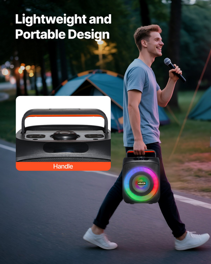 Start2Finish VEVOR karaoke machine for adults with 30W portable Bluetooth speaker, LED lights, wireless microphones, and multiple playback options.