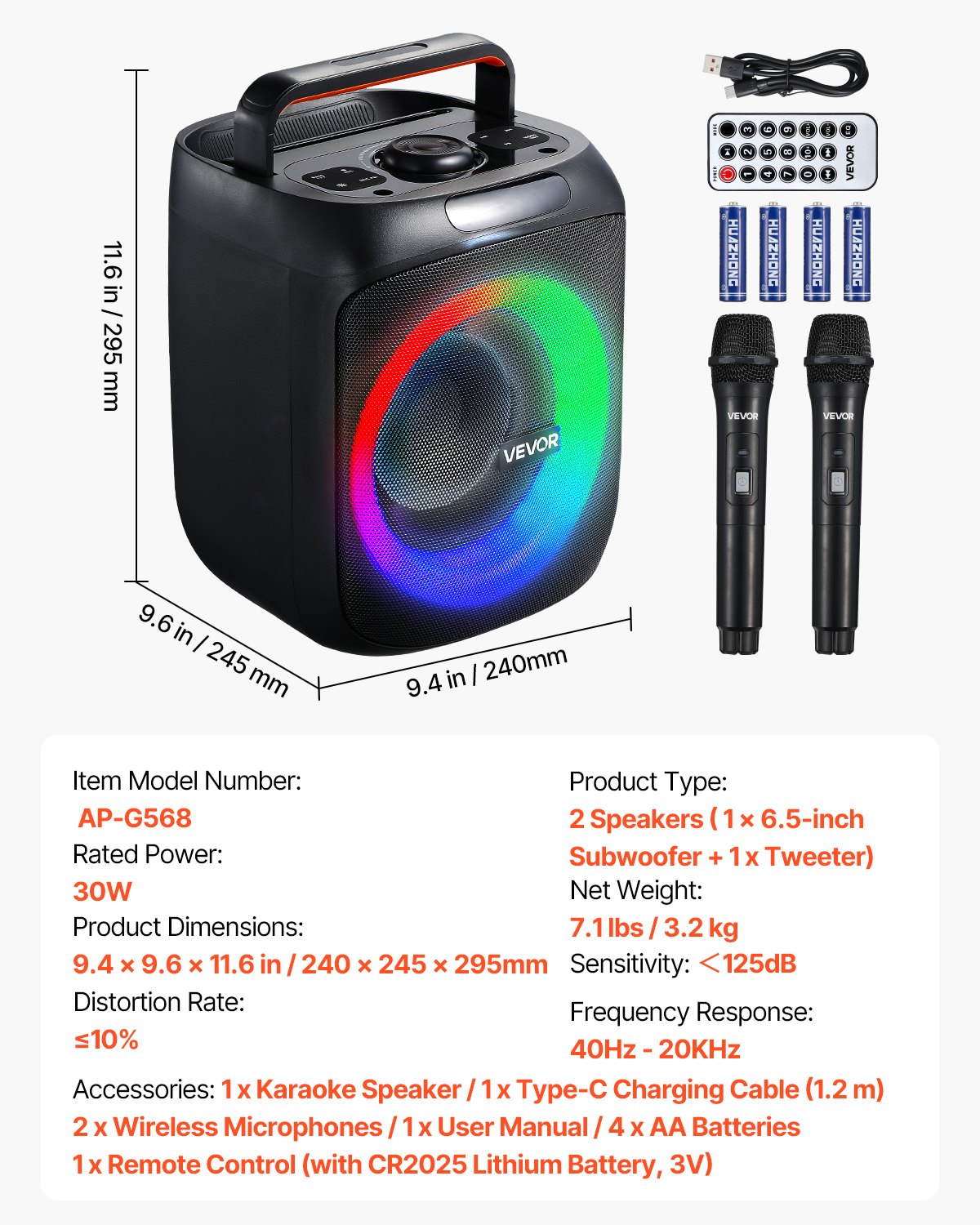 Start2Finish VEVOR karaoke machine with 30W Bluetooth speaker, LED lights, 2 wireless mics, and portable handle for home singing fun.