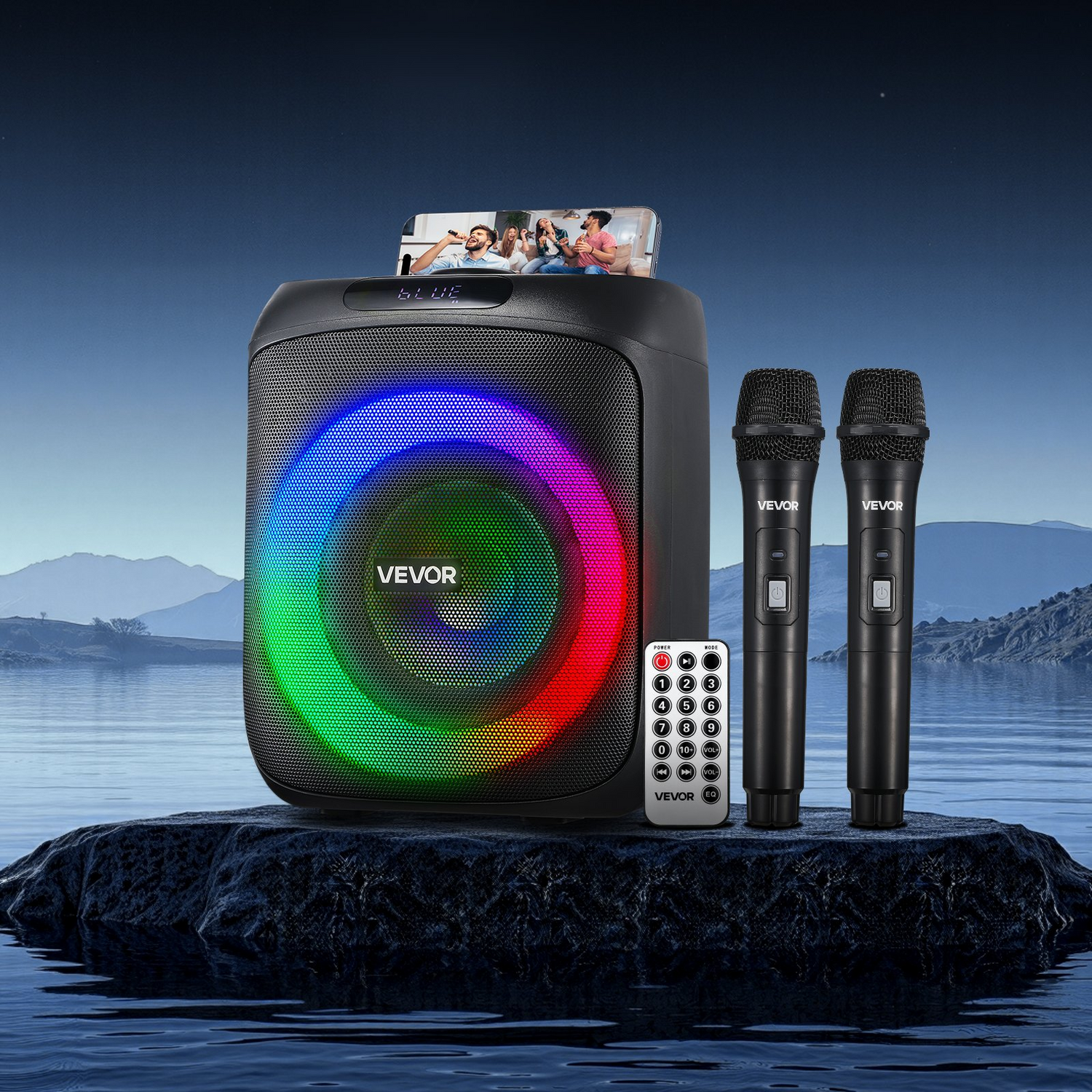 Start2Finish VEVOR karaoke machine for adults with 30W portable Bluetooth speaker, LED lights, wireless mics, and multiple media options.