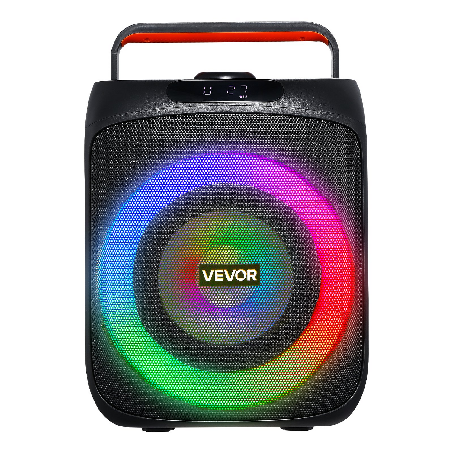 Start2Finish VEVOR karaoke machine for adults with 30W Bluetooth speaker, LED lights, two wireless mics, and portable handle.
