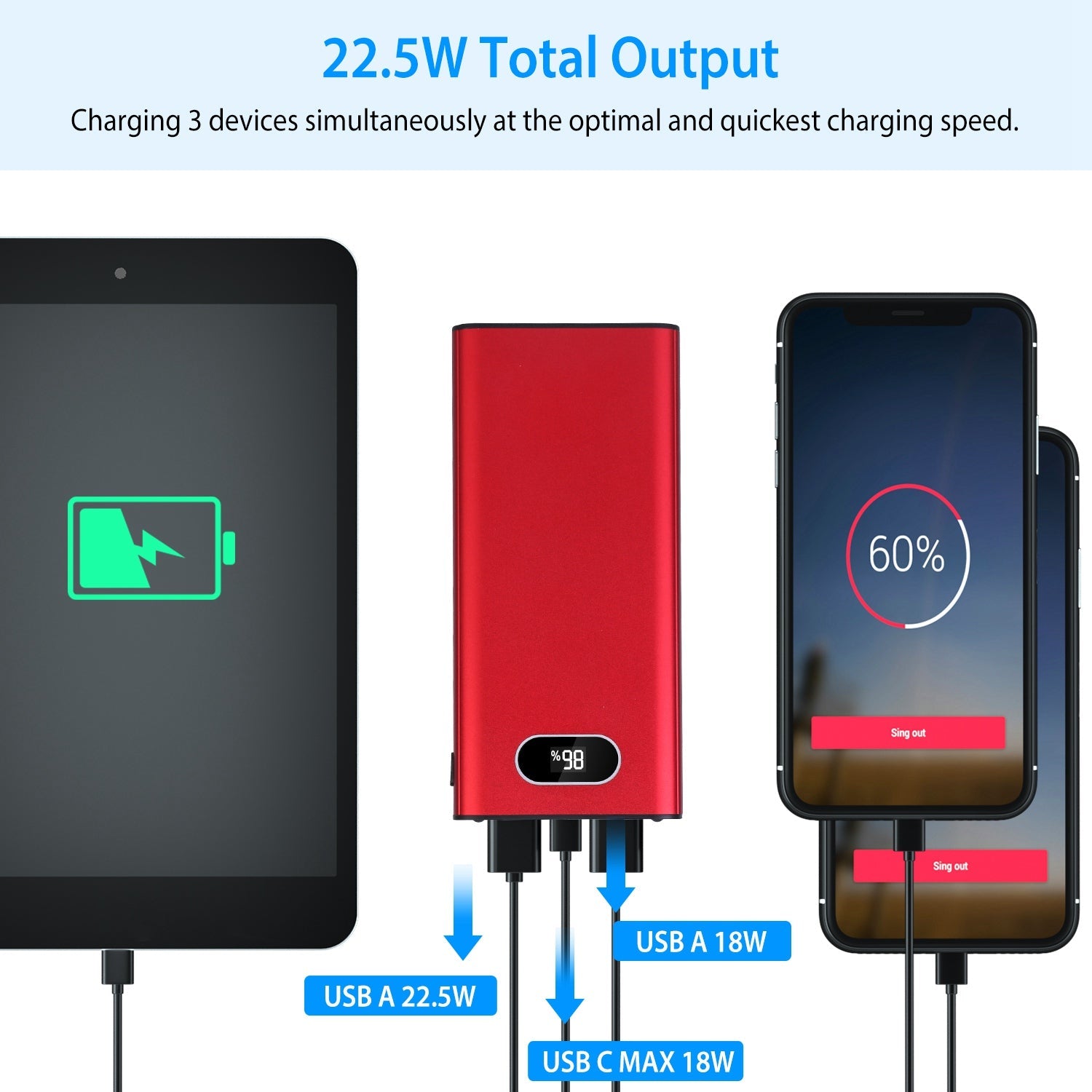 Pear Daisy 20000mAh portable power bank with green, black, and red color options, shown with charging ports and LED indicator.