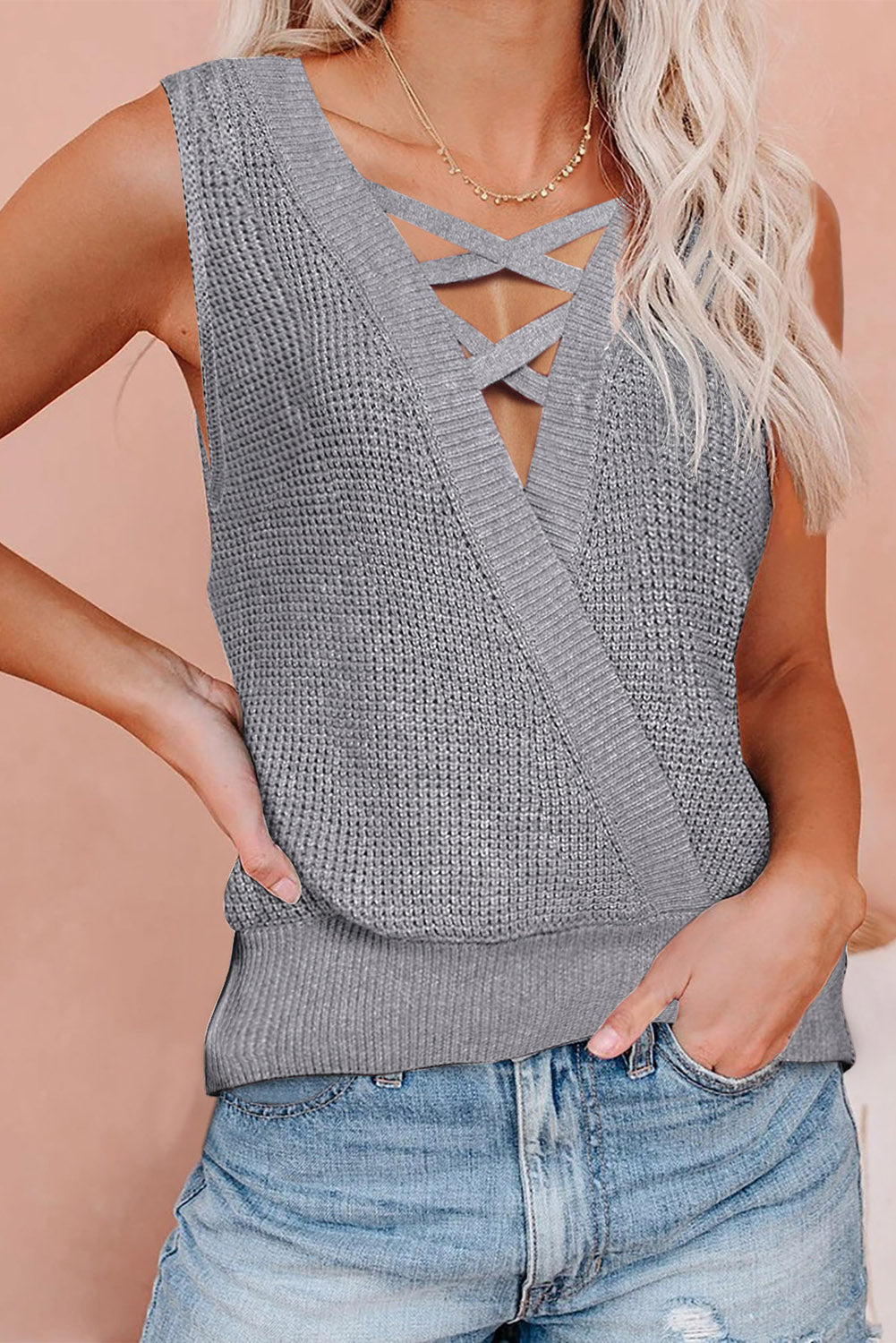 Gray crisscross hollow-out knit tank top for women by Lavender Pallas, featuring a stylish open-knit design and sleeveless fit.