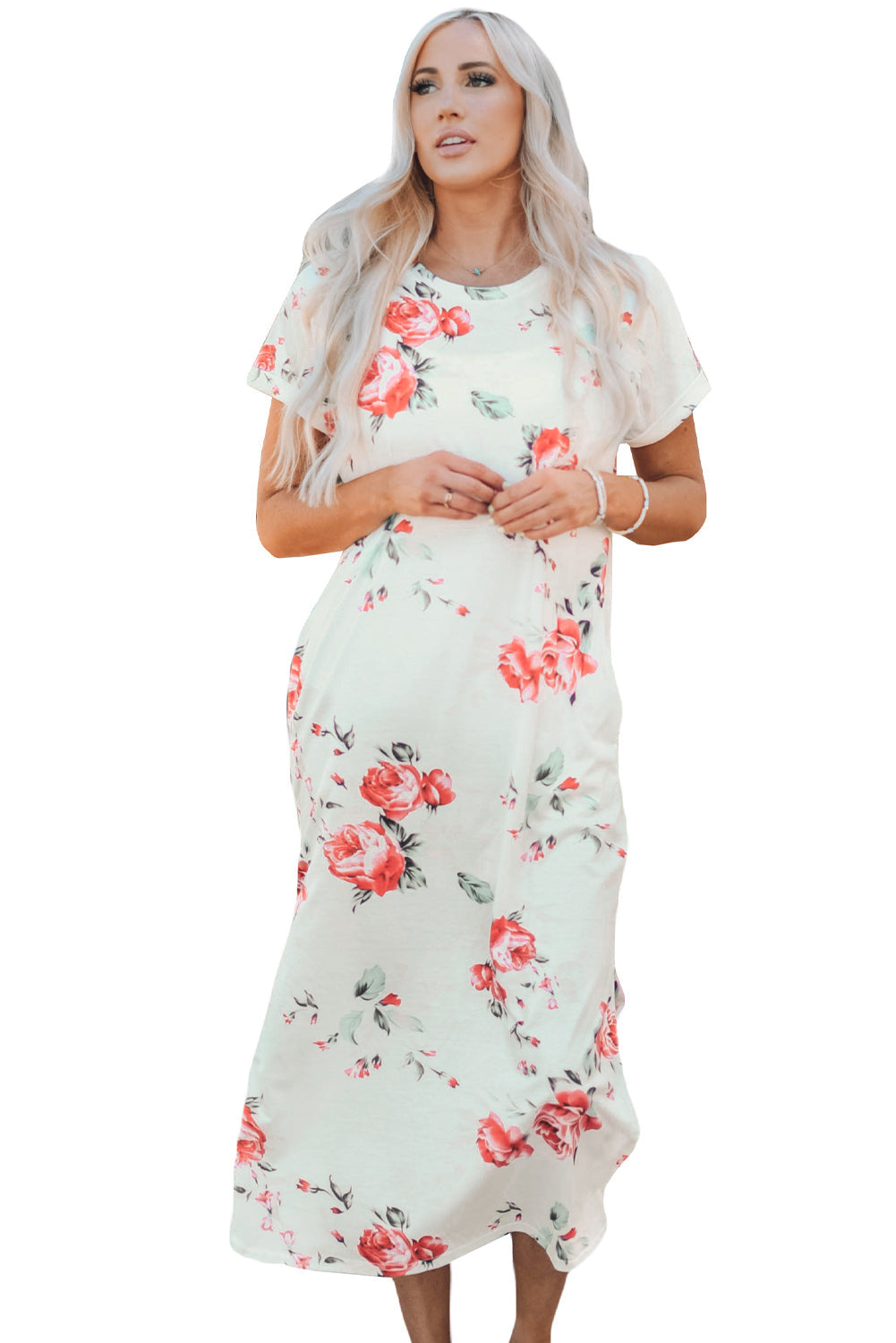 White floral print side slit T-shirt dress by Harlequin Daisy, casual summer dress with short sleeves and flowy silhouette.