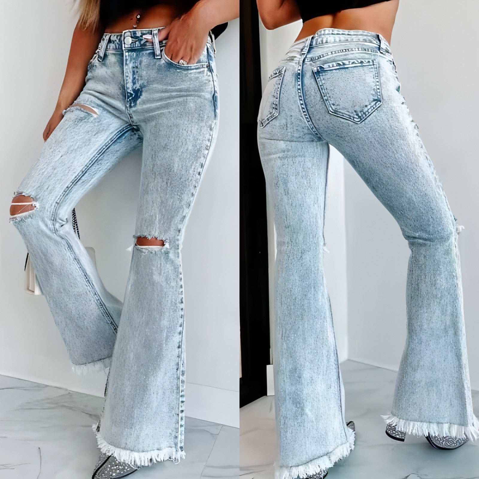 Carmine Juneberry UrbanEase™ high-waist ripped denim jeans with distressed details and a snug fit, stylish for casual wear.
