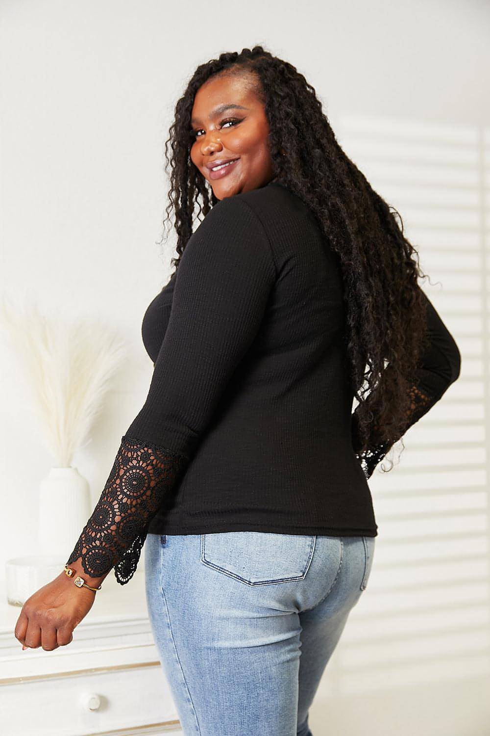 Carmine Juneberry double take crochet lace hem sleeve button top, stylish blouse with intricate lace details and button accents.