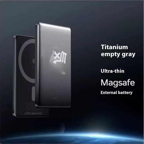 Gray titanium power bank with magnetic shell, portable tech accessory by Gold Penelope, featuring sleek alloy design.