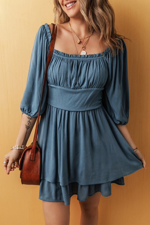 Byzantium Bay solid ruched frilled neck 3/4 sleeve dress, lightweight with a fitted silhouette and elegant design.