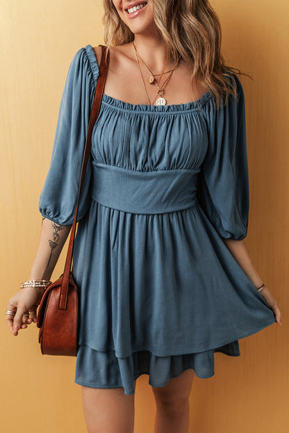 Byzantium Bay solid ruched frilled neck 3/4 sleeve dress, lightweight with a fitted silhouette and elegant design.