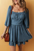 Byzantium Bay solid ruched frilled neck 3/4 sleeve dress, lightweight with a fitted silhouette and elegant design.