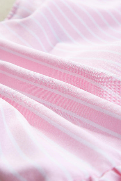 Pink stripe bowknot front blouse with puff sleeves by Carmine Juneberry, featuring a crew neck and feminine design.