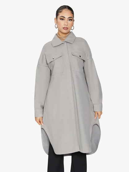 Oversized longline shacket by Rose Eleusis, casual jackets and coats with a relaxed fit and cozy design, shown in natural fabric details.