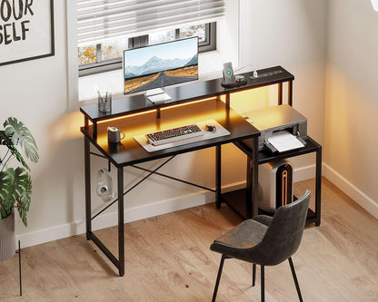 Peach Maple 48-inch LED gaming desk with built-in power outlet and shelves, featuring a spacious black surface and modern design.