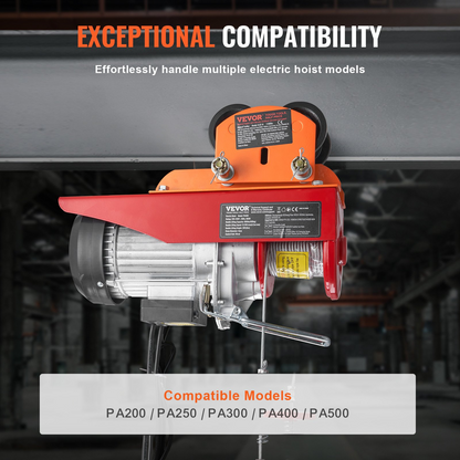 Start2Finish VEVOR electric hoist manual trolley with dual wheels, adjustable flange width for I beams, 1100 lbs capacity.