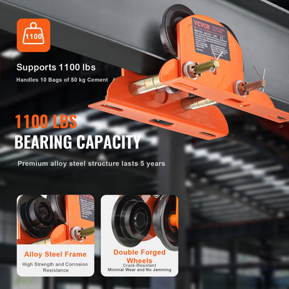Start2Finish VEVOR electric hoist manual trolley with dual wheels, adjustable flange width, for 0.5 ton capacity I-beam lifting.