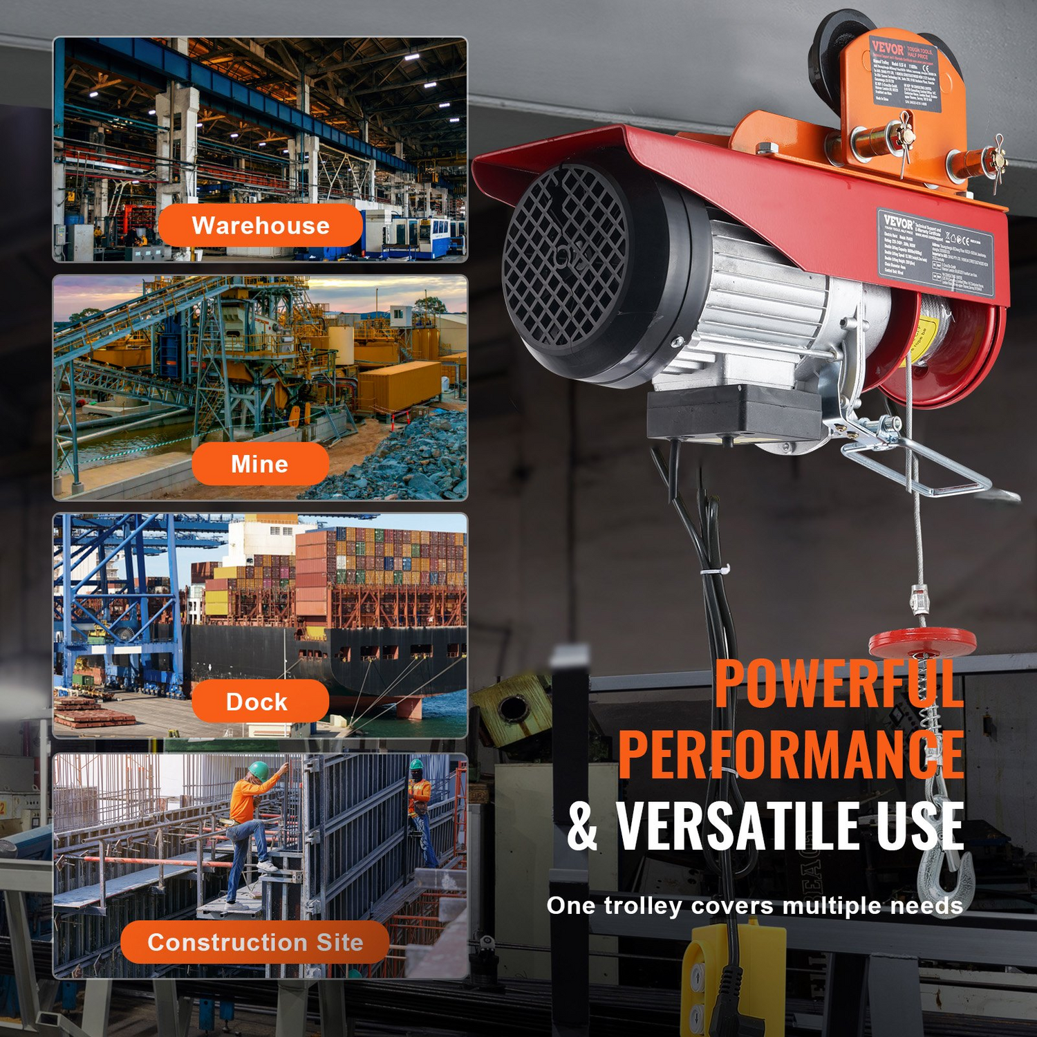 Start2Finish VEVOR electric hoist manual trolley with dual wheels, adjustable flange width for I beam lifting up to 1100 lbs.