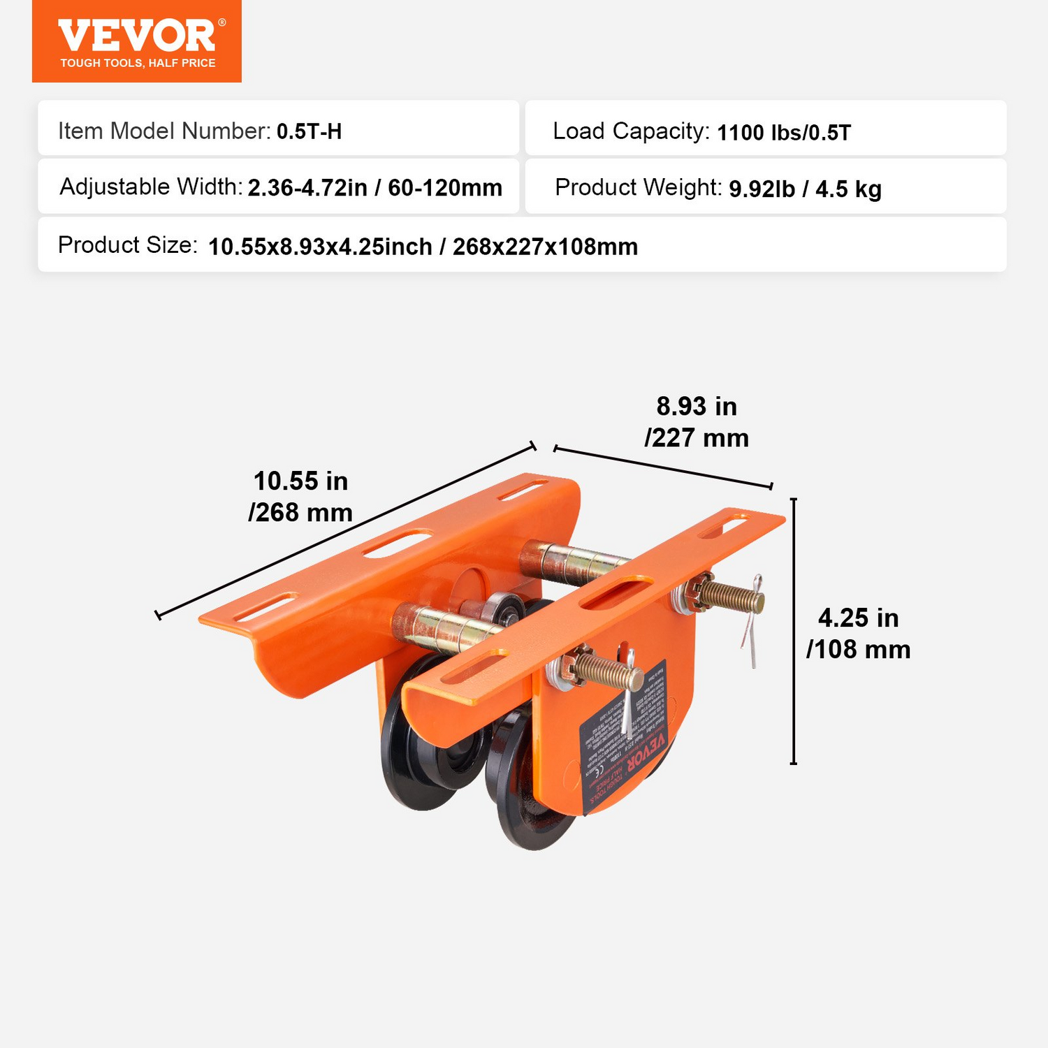 Start2Finish VEVOR electric hoist manual trolley with dual wheels, adjustable flange width for I-beam, 1100 lbs capacity