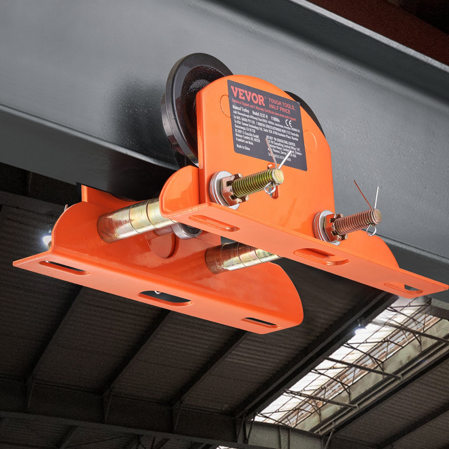 Start2Finish VEVOR Electric Hoist Manual Trolley with dual wheels, adjustable flange width for I-beam, 1100 lbs capacity.