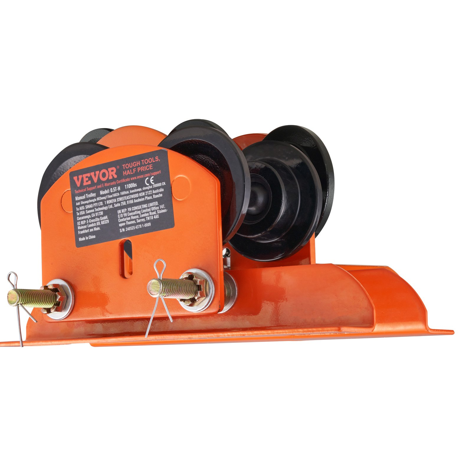 Start2Finish VEVOR electric hoist manual trolley with dual wheels, adjustable flange width, for 0.5 ton capacity I-beam applications.