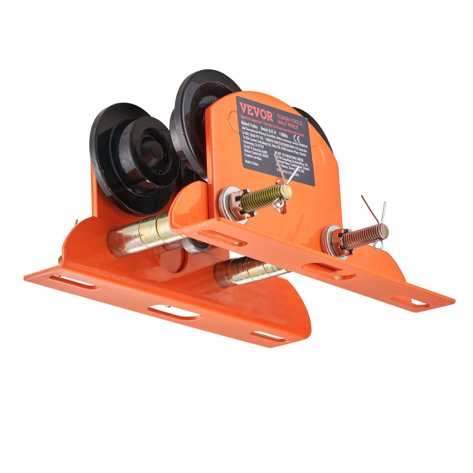 Start2Finish VEVOR electric hoist manual trolley with dual wheels, adjustable flange width, for straight and curved I-beam lifting.