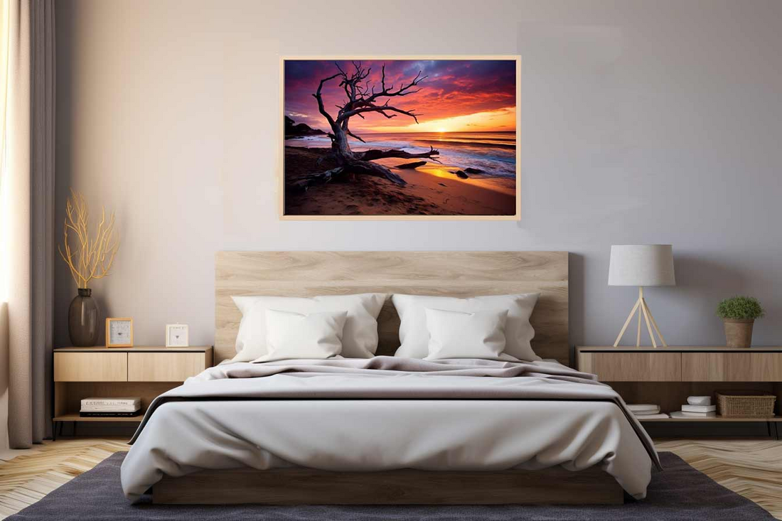 Beach sunset canvas art print featuring vibrant colors and scenic coastal view, ideal for home decor by Start2Finish.