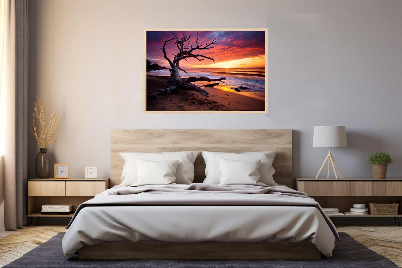Beach sunset canvas art print featuring vibrant colors and scenic coastal view, ideal for home decor by Start2Finish.