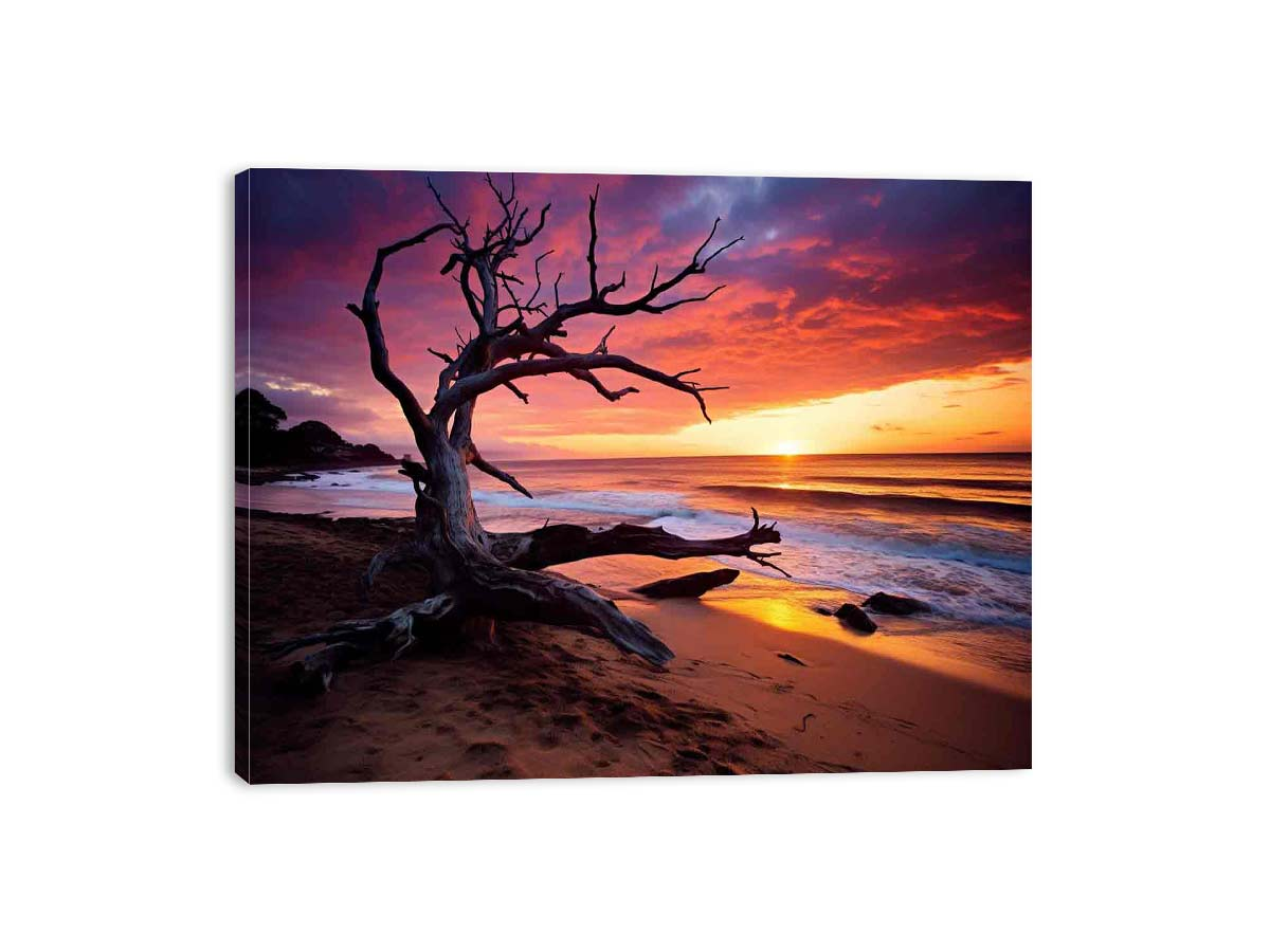 Beach sunset canvas art print from Start2Finish, featuring a vibrant coastal scene with warm sunset colors and ocean waves.