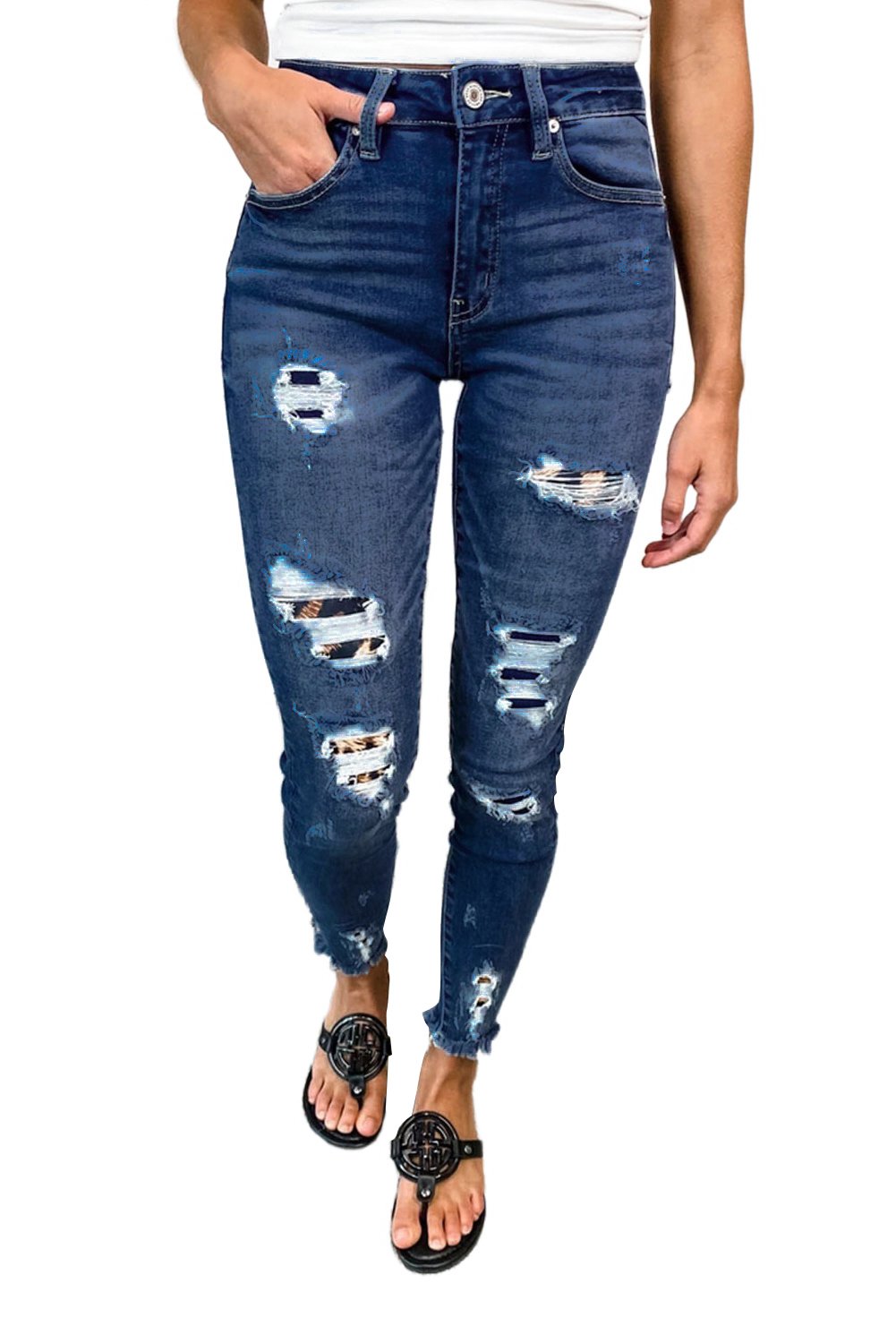 Dark blue leopard patch distressed skinny jeans for women by Jade, featuring a trendy slim fit and stylish distressed detailing.