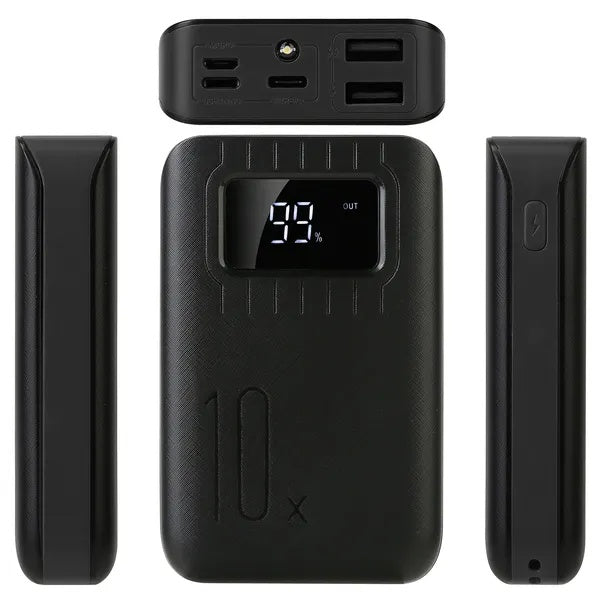 Pear Daisy portable power bank with dual USB ports for charging devices, shown with sleek exterior and compact design.