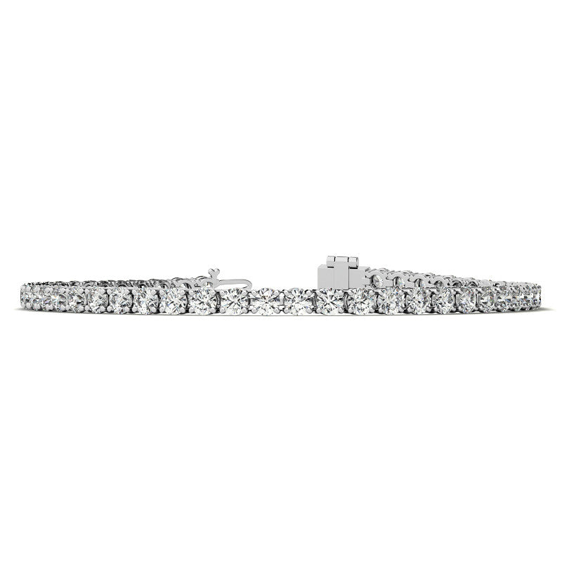 Three 6-carat total weight moissanite tennis bracelets with 3mm stones in white, yellow, and rose gold overlay jewelry.