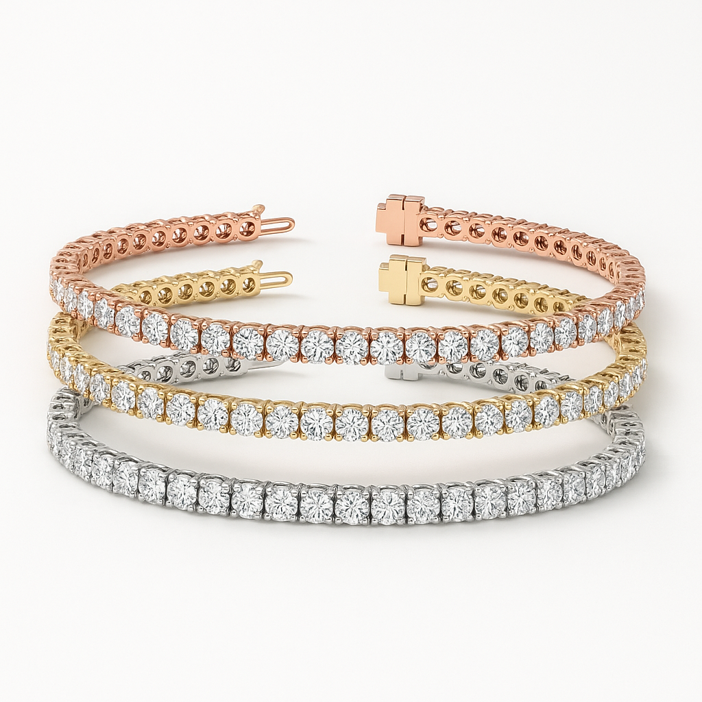 Set of three 6ctw created moissanite tennis bracelets with 3mm stones in white, yellow, and rose gold overlay jewelry.