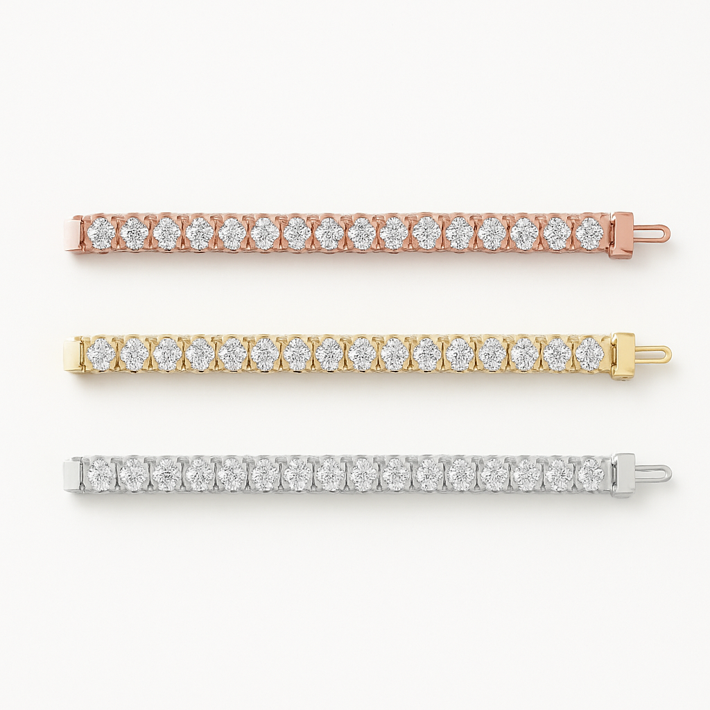 Set of three 6-carat moissanite tennis bracelets with 3mm stones in white, yellow, and rose gold overlay jewelry.