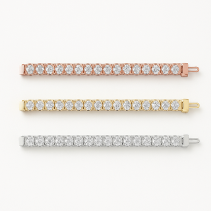 Set of three 6-carat moissanite tennis bracelets with 3mm stones in white, yellow, and rose gold overlay jewelry.