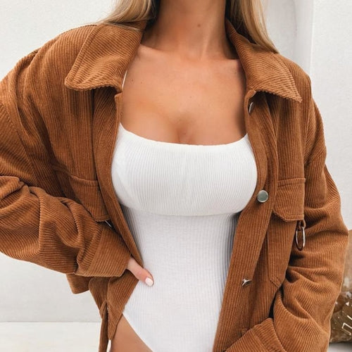 Women’s Jade corduroy loose jacket with turndown collar and pockets, long-sleeve casual outerwear.