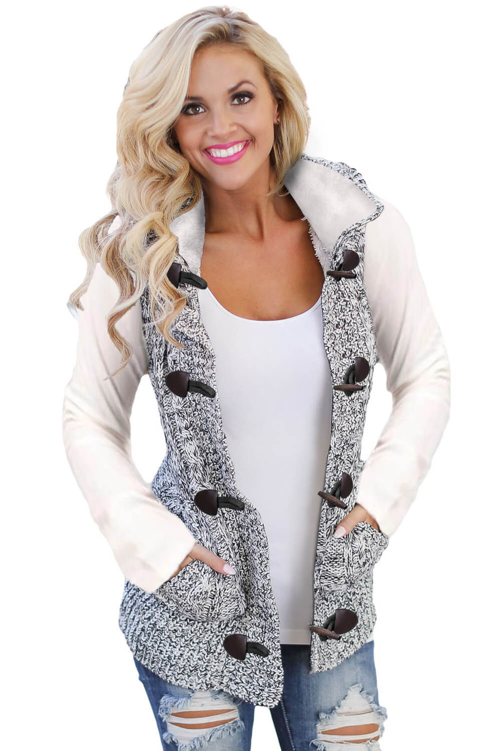 Multicolour cable knit hooded sweater vest by Harlequin Daisy, featuring a cozy, textured design for casual wear.