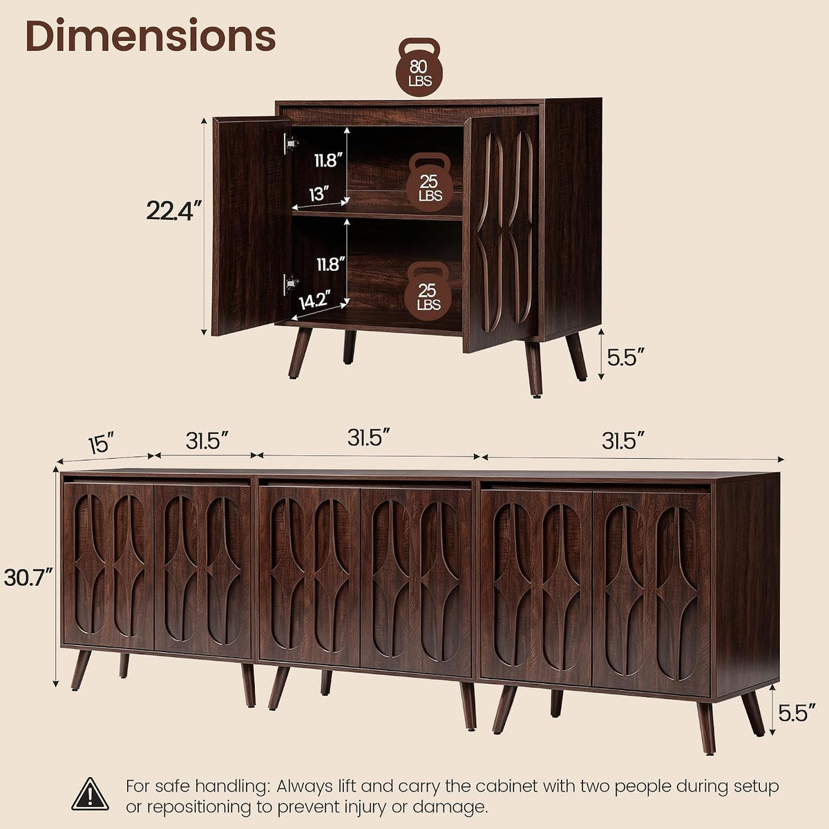 Dark Walnut 94.5In Wide Mid Century Modern Sideboard