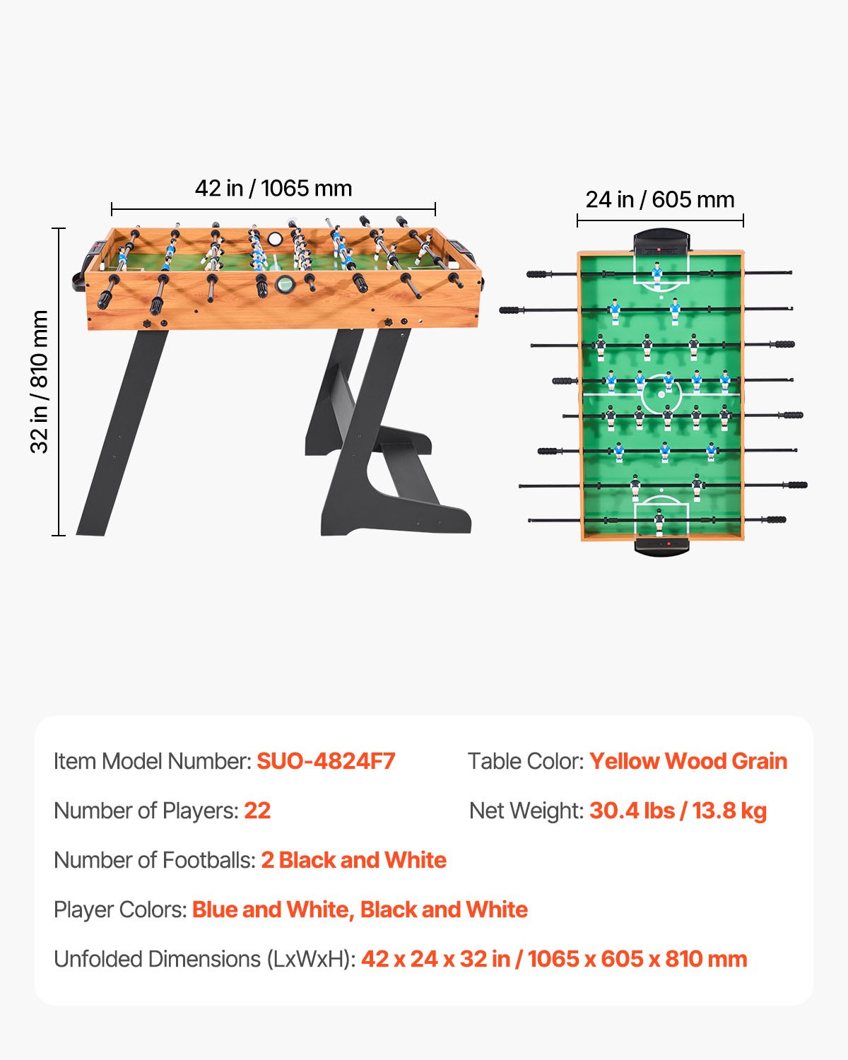 Start2Finish VEVOR 42-inch folding foosball table with soccer players, rods, and two balls for indoor family game room fun.