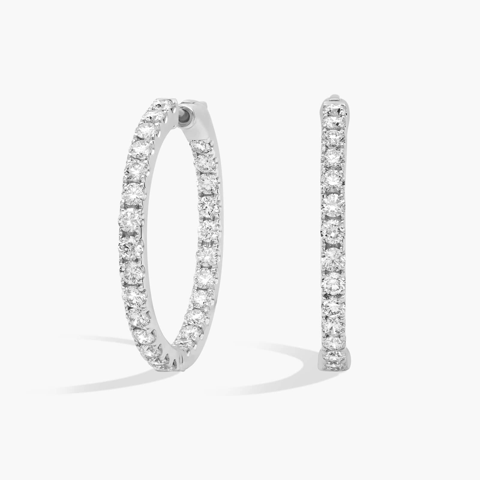 AGI Certified Inside Out 3 CTW round lab-grown diamond hoop earrings in 14K white gold overlay, shown on model.