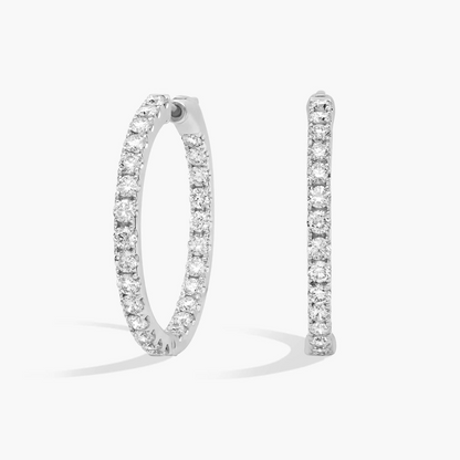 AGI Certified Inside Out 3 CTW round lab-grown diamond hoop earrings in 14K white gold overlay, shown on model.