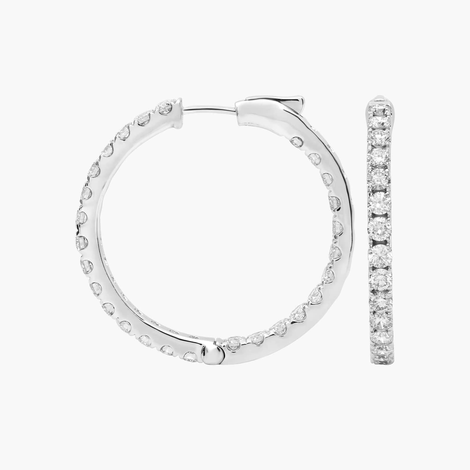 Start2Finish AGI Certified Inside Out 3 CTW round lab-grown diamond hoop earrings in 14K white gold overlay, shown close-up.