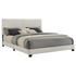 Eastern King panel bed with cream fabric upholstery and simple design, featuring a padded headboard and clean-lined frame.