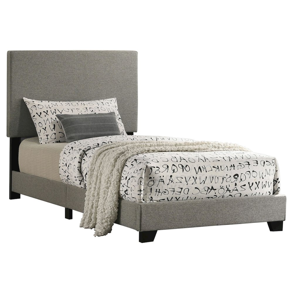 Dorian fabric upholstered twin panel bed in taupe with a padded headboard and sleek wooden frame, designed by Start2Finish.