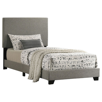 Dorian fabric upholstered twin panel bed in taupe with a padded headboard and sleek wooden frame, designed by Start2Finish.