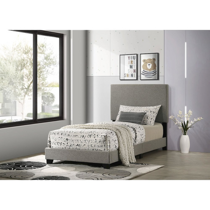 Taupe fabric upholstered twin panel bed with clean lines and padded headboard, designed by Start2Finish for a modern bedroom look.