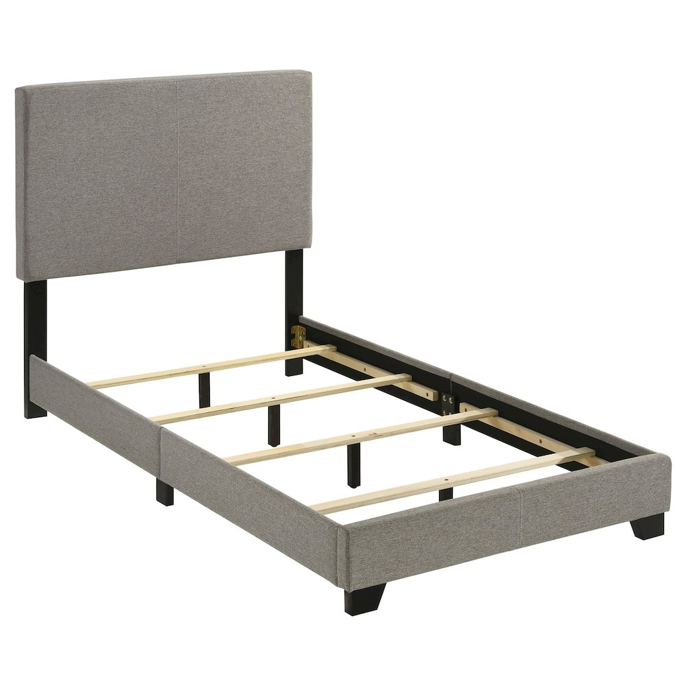 Dorian fabric upholstered twin panel bed in taupe with clean lines and padded headboard, modern bedroom furniture by Start2Finish