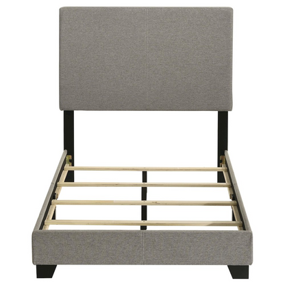 Taupe fabric upholstered twin panel bed with a sleek, modern design by Start2Finish, featuring a padded headboard and sturdy frame.