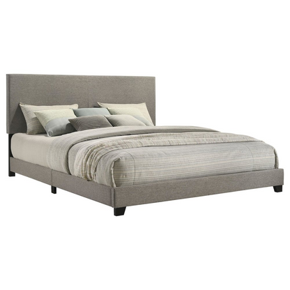 Eastern King panel bed with taupe fabric upholstery and a sleek, modern design from Start2Finish.