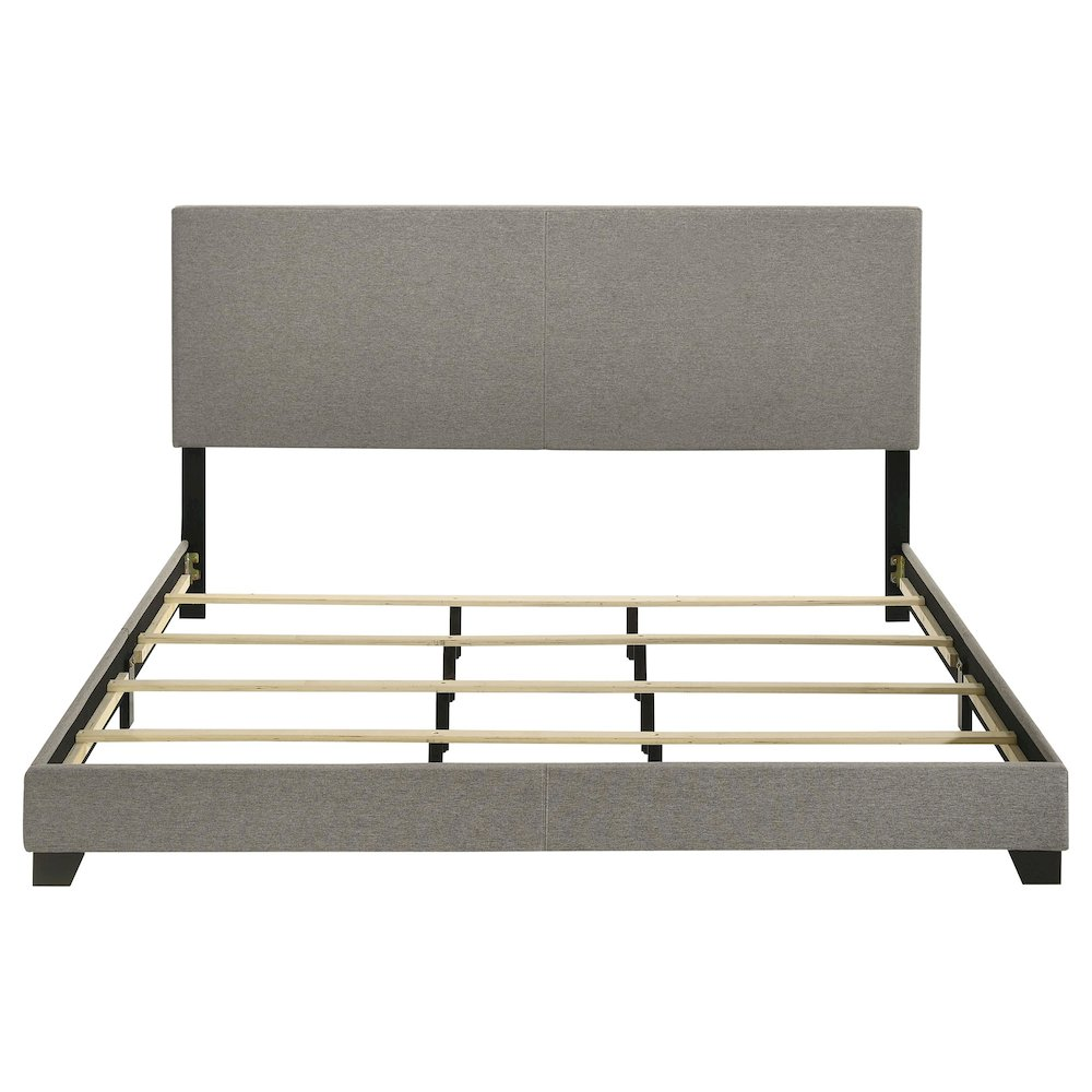 Eastern King Panel Bed by Start2Finish with taupe fabric upholstery, showcasing a stylish, upholstered bed frame with a paneled headboard.
